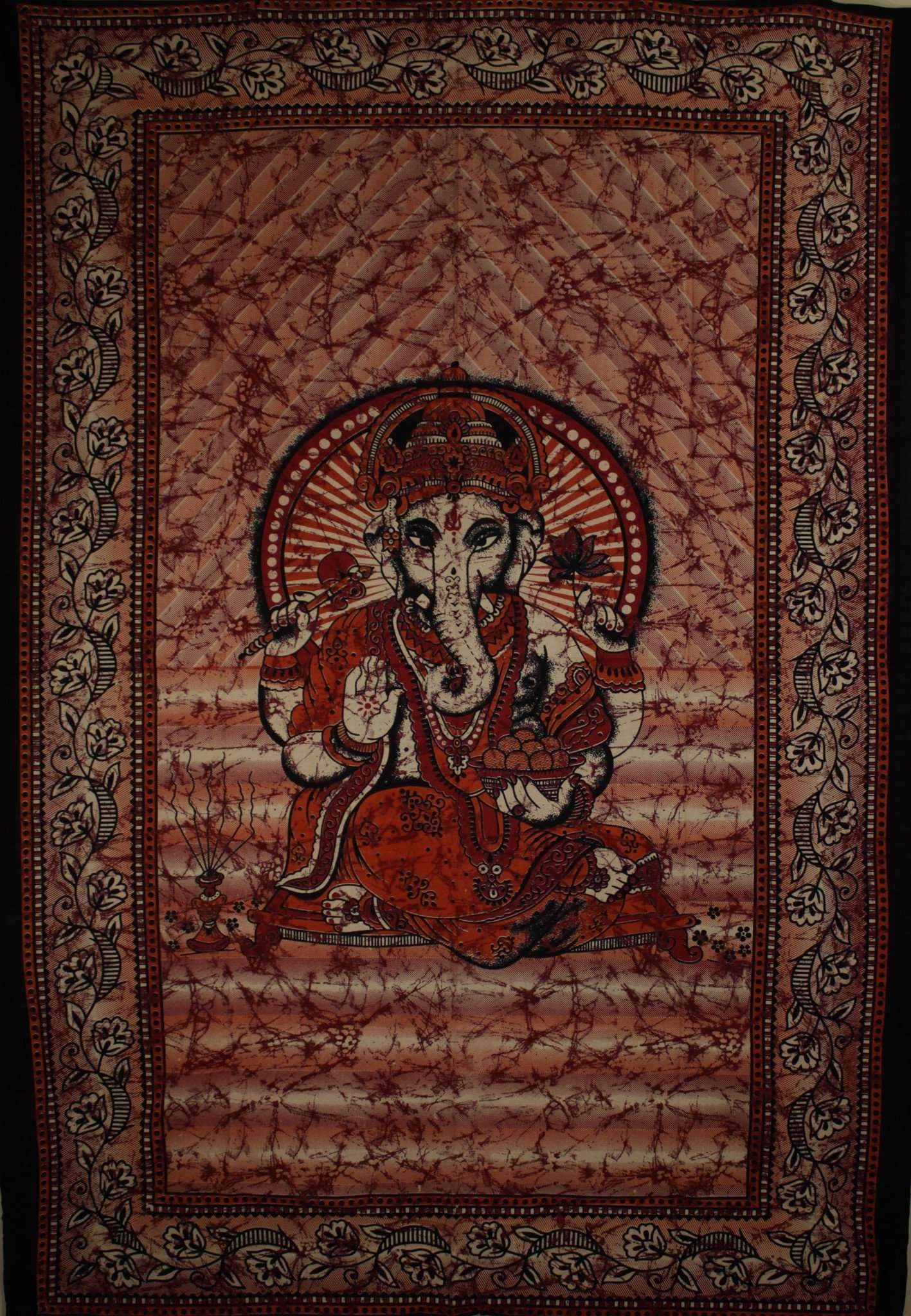 Red Ganesha Batik Tie Dye Tapestry Twin Size Wall Hanging