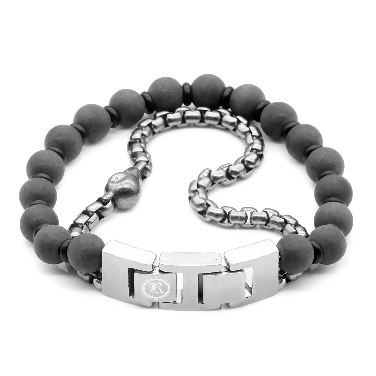 Black Marble Skull Bead Bracelet Stainless Steel Mens