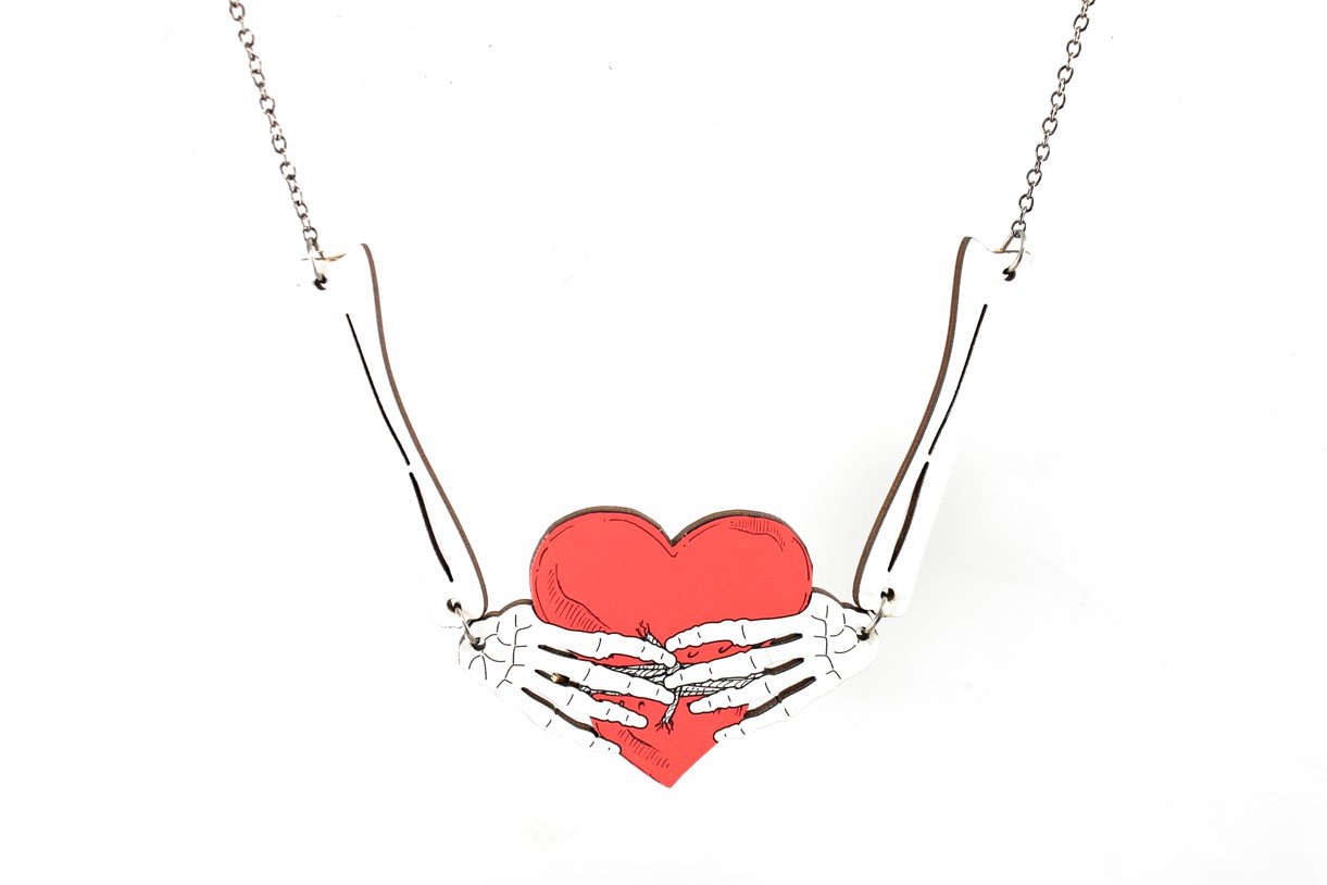 Bone Heart Necklace Skeleton Hands Red Heart Pendant