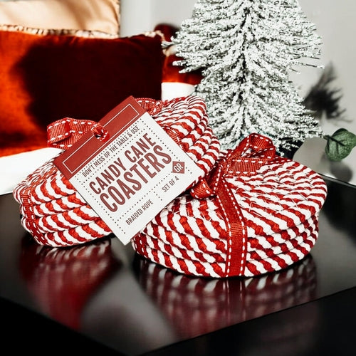 Candy Cane Stripe Braided Cotton Coasters Set Of 4 Holiday Table Protectors