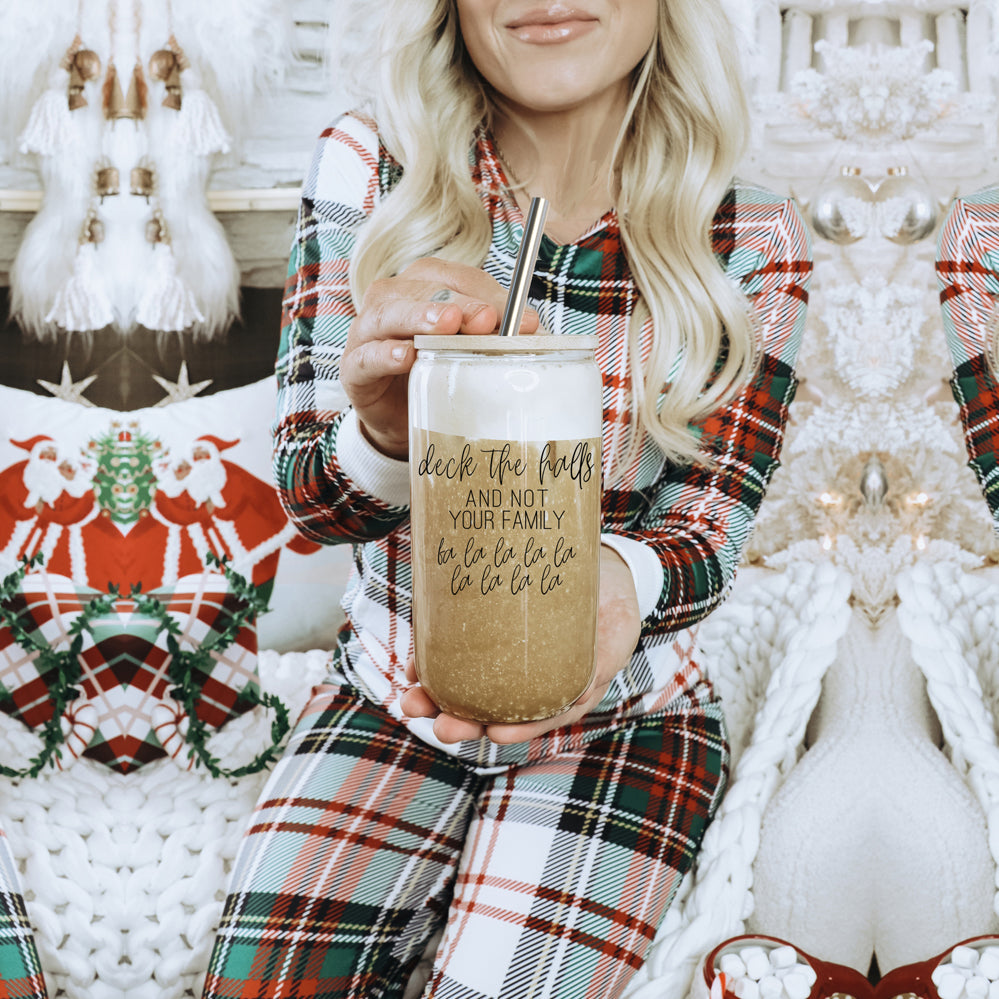 Deck The Halls 17oz Glass Tumbler With Bamboo Lid, Stainless Straws and Cleaner