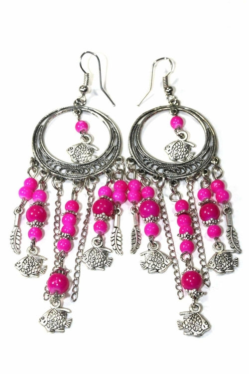 Fish Charm Chandelier Bead Earrings Pink Boho Style Chic