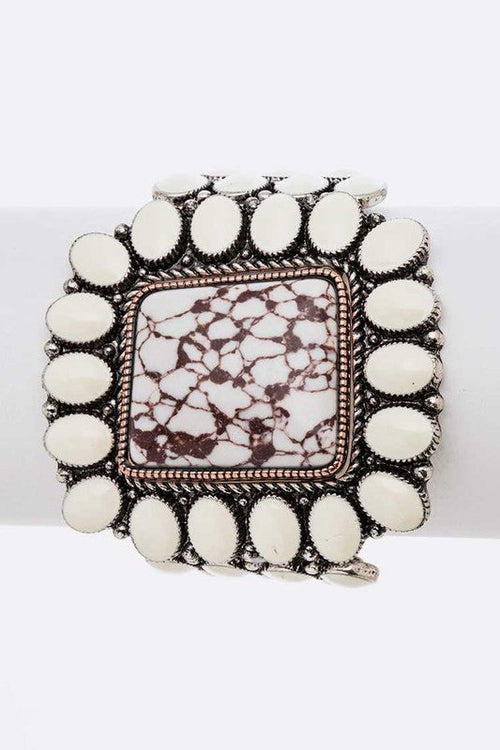 Genuine Stone Statement Stretch Bracelet White Cabochon