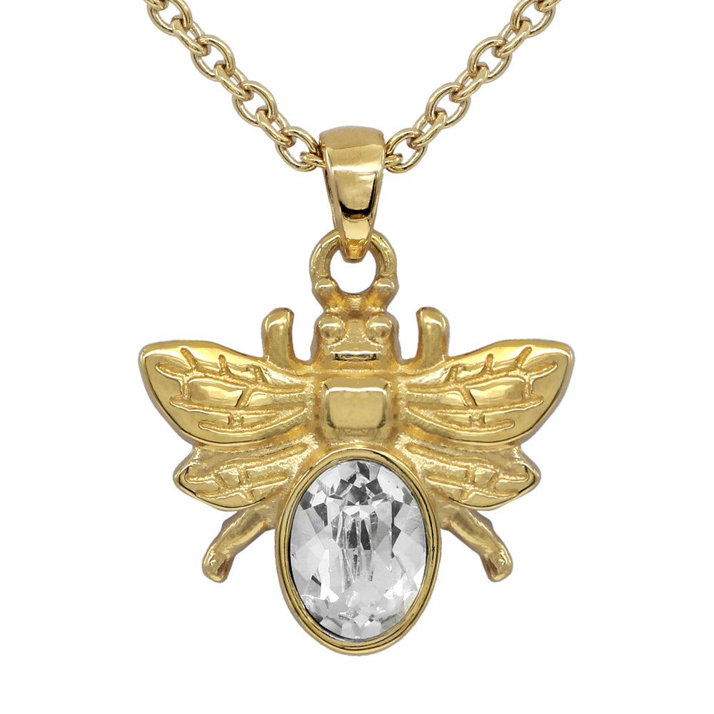Gold Bee Necklace White Swarovski Crystal Pendant Delicate