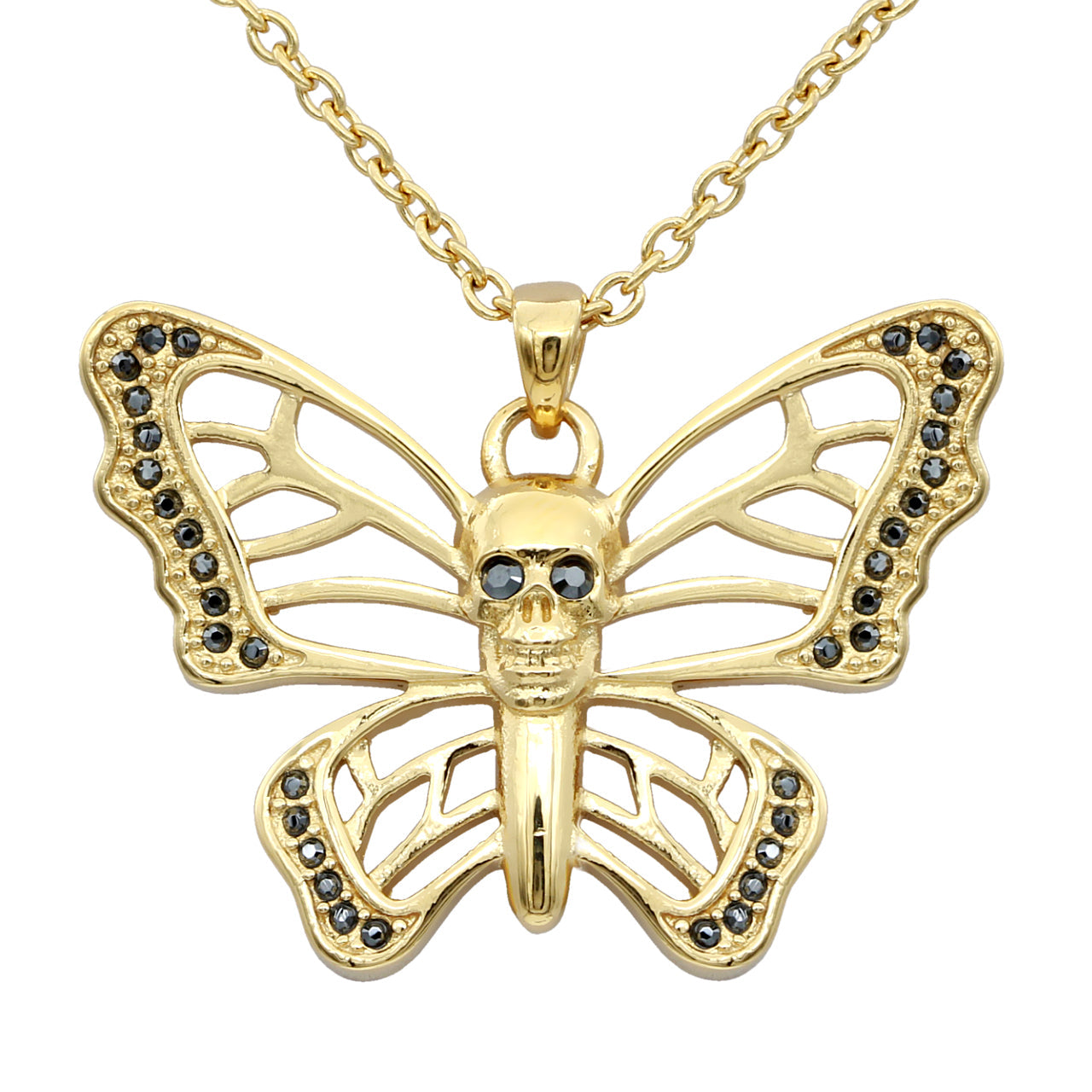 Gold Plated Butterfly Skull Pendant Necklace For Women