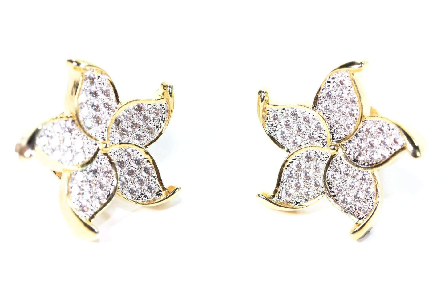 Gold Plated Flower Stud Earrings Cubic Zirconia Pave
