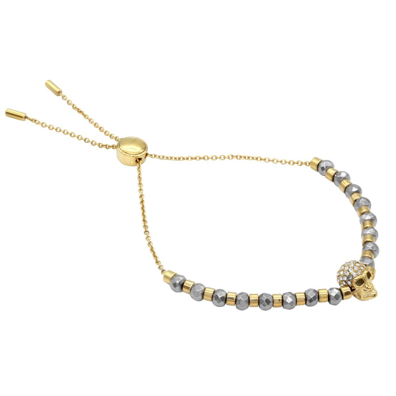 Gold Skull Beaded Bracelet With Crystal Pave Accent