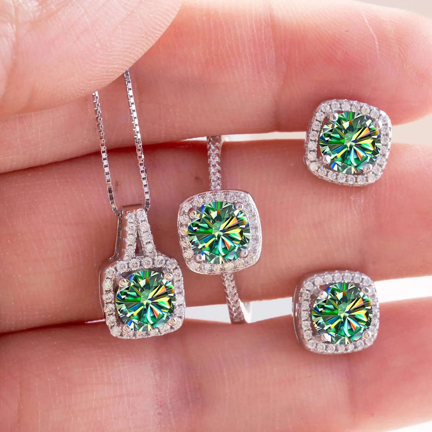Moissanite D Color Round Cut 925 Sterling Silver Pendant Necklace and Studs Set