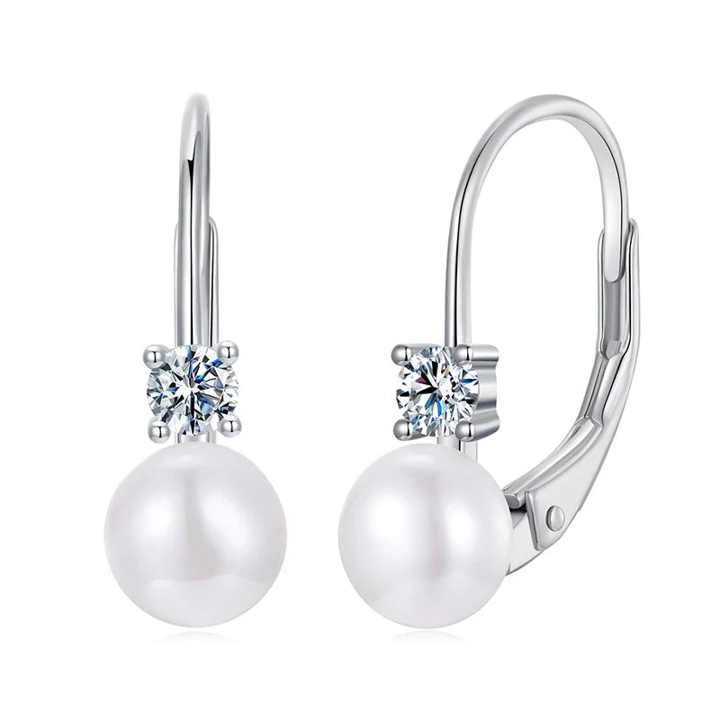 Moissanite Freshwater Pearl Drop Earrings 925 Sterling Silver Round Cut Dangle