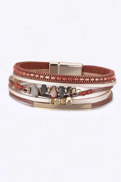 Multilayer Red Leather Beaded Magnetic Wrap Bracelet