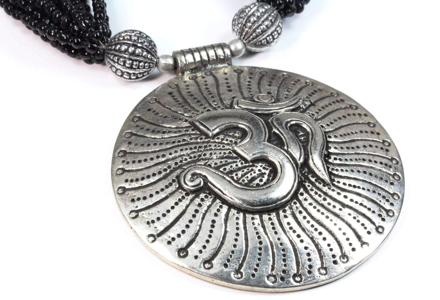 Om Pendant Statement Necklace Silver Beaded Boho Yoga