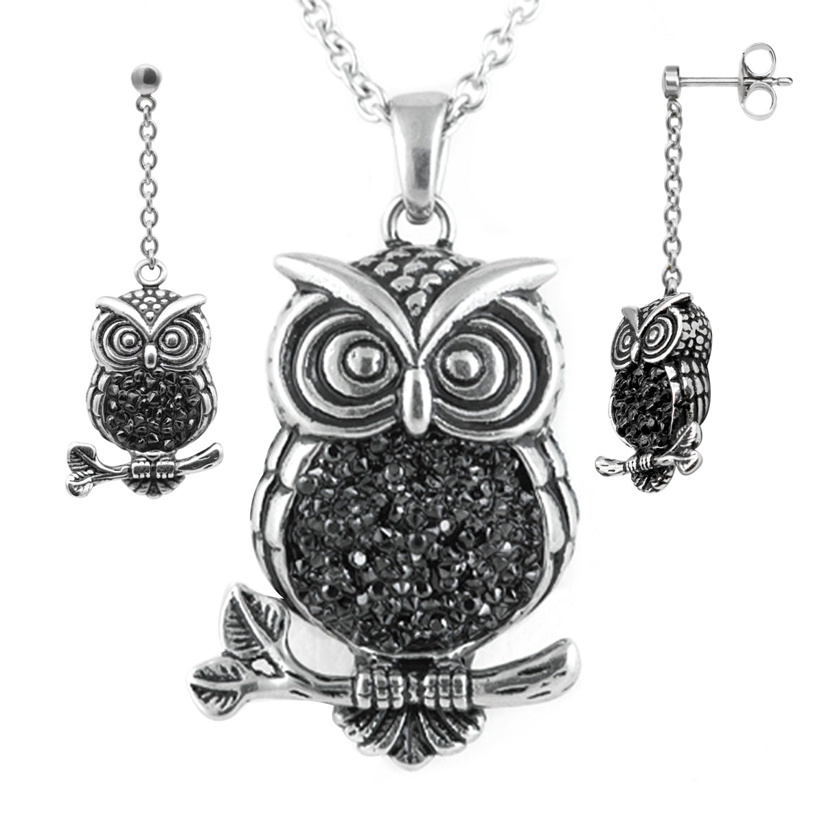 Owl Pendant Necklace And Dangle Earrings With Crystals