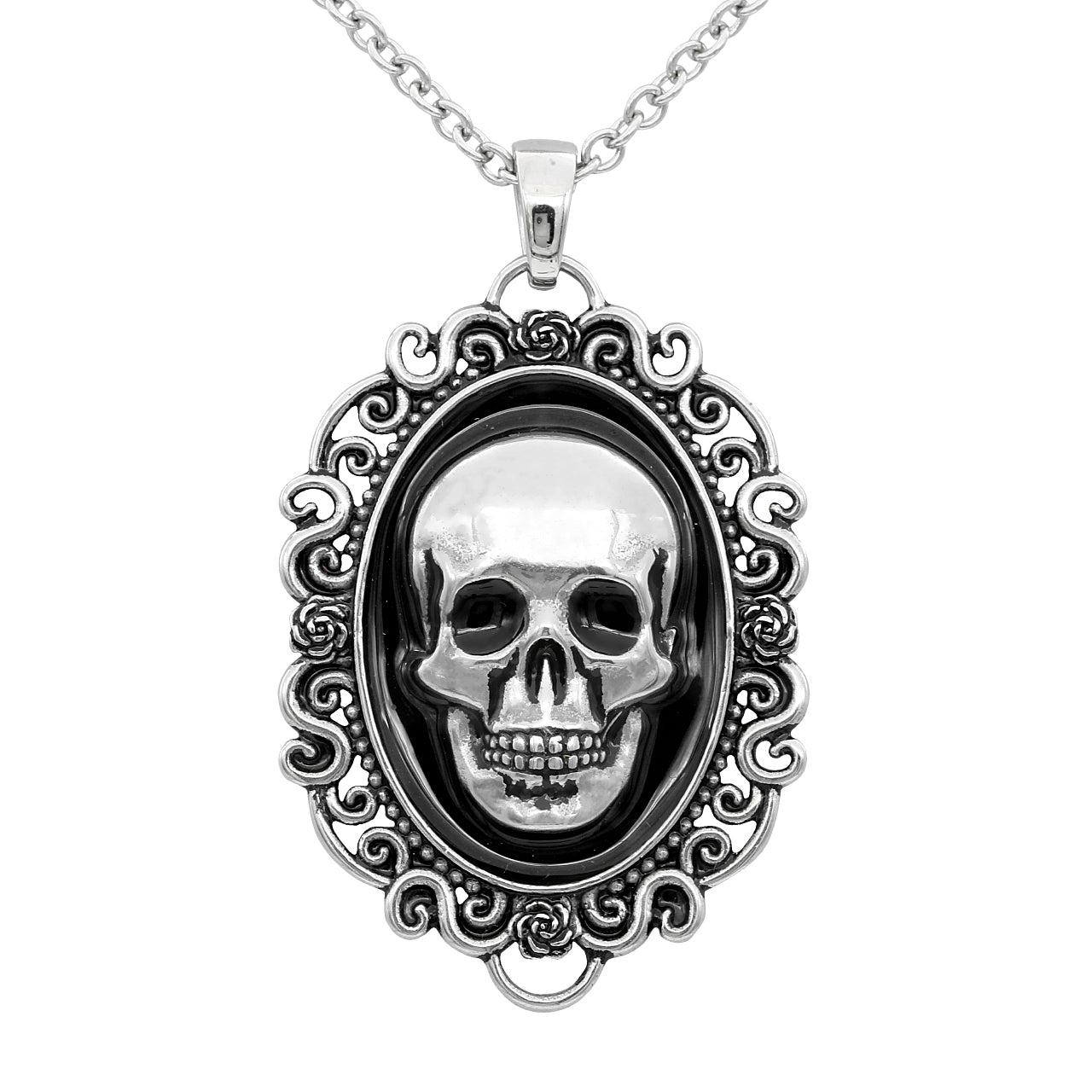 Skull Cameo Pendant Necklace Gothic Vintage Silver Tone