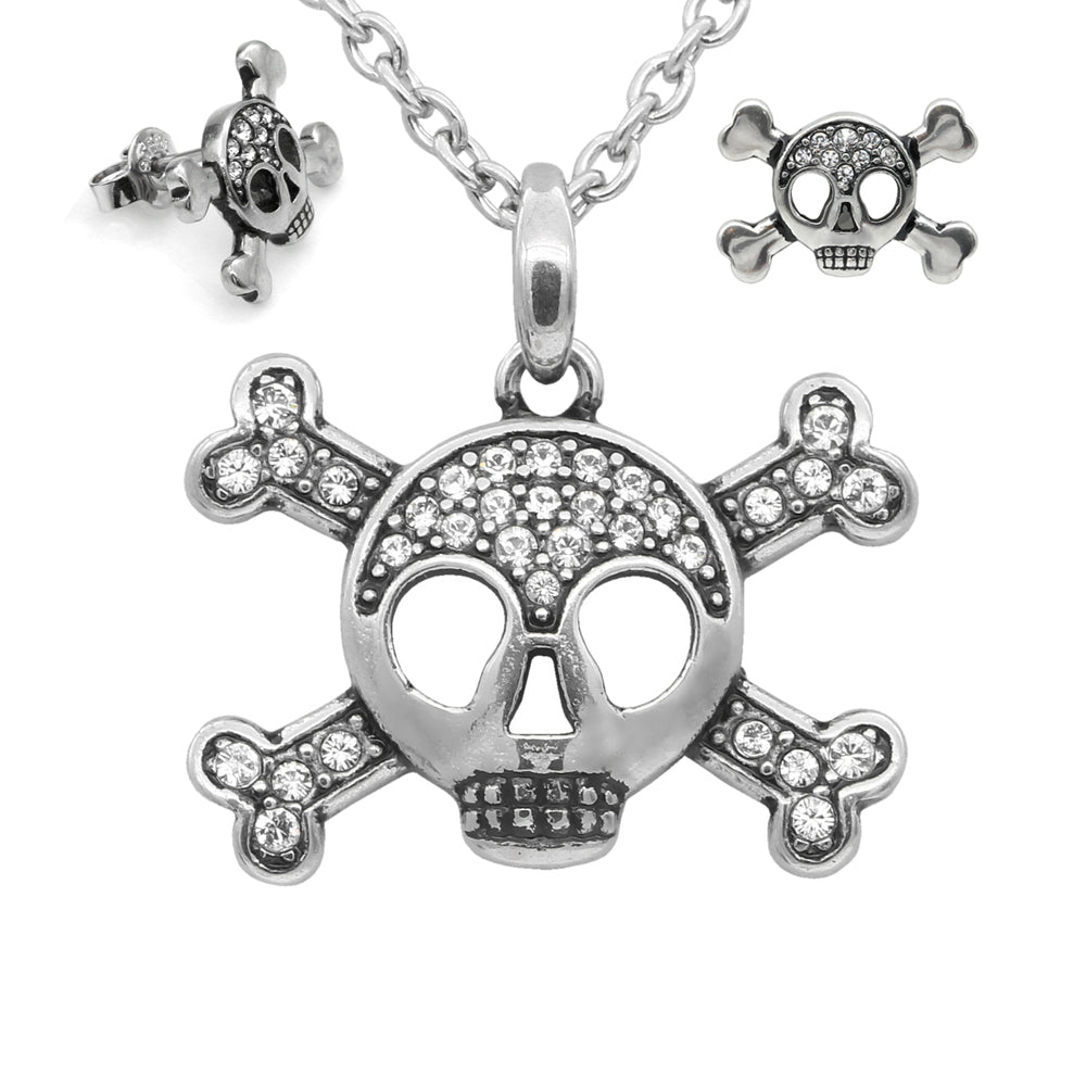 Skull Crossbones Necklace And Earrings Set With Crystals