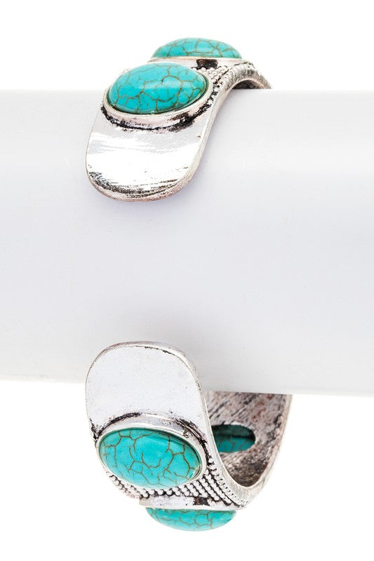 Turquoise Oval Stone Textured Open Cuff Silver Bracelet