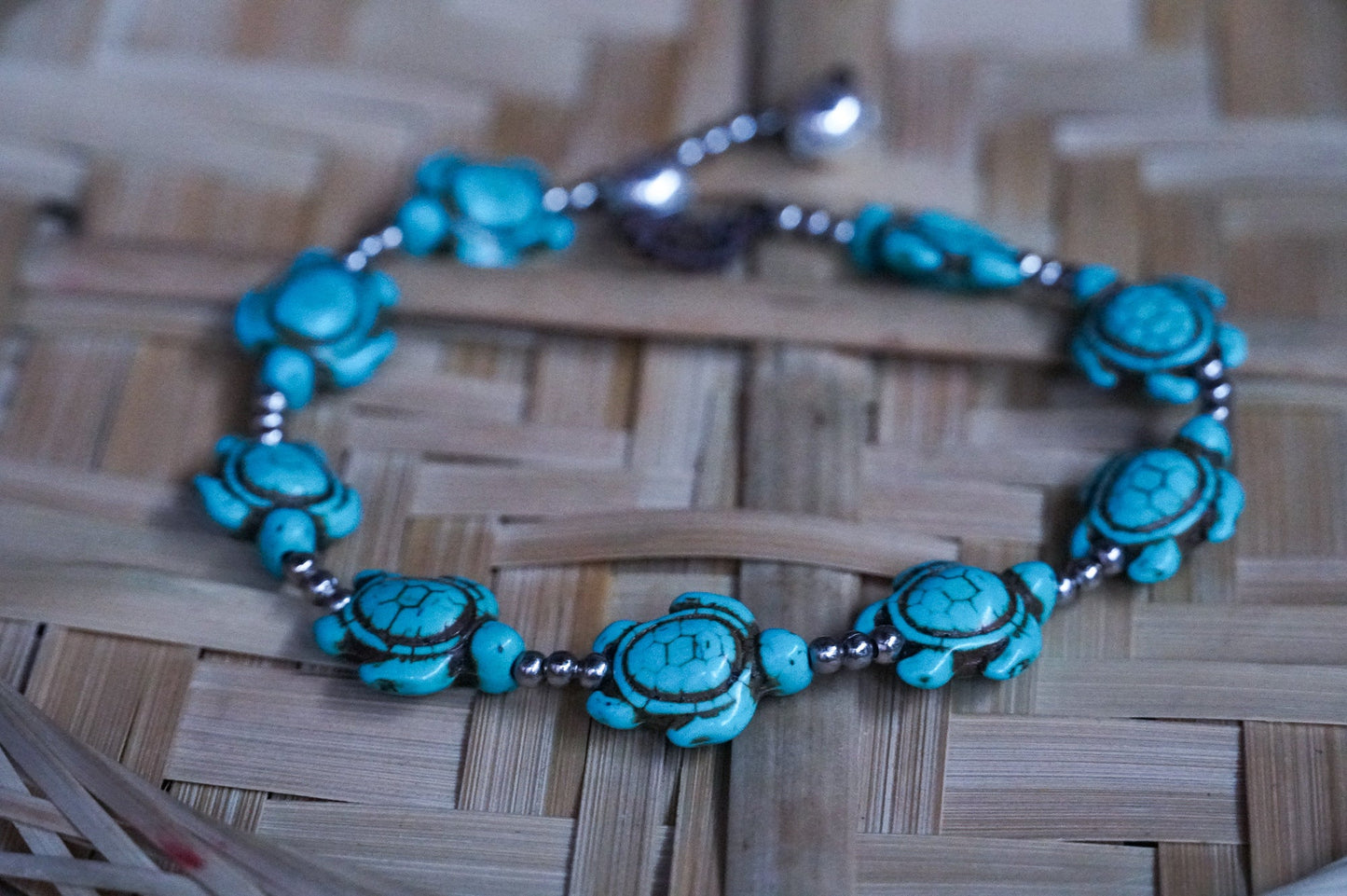 Turquoise Turtle Boho Silver Anklet Beachy Adjustable