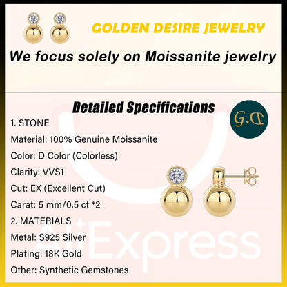 0.5ct x2 Moissanite Orb Stud Earrings S925 Sterling Silver 18K Gold Plated