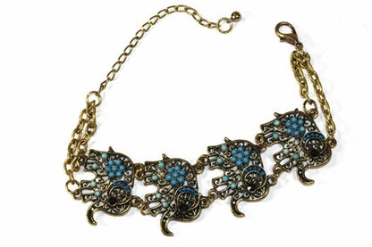 Colorful Bead Elephant Bracelet Gold Tone Antique Charm