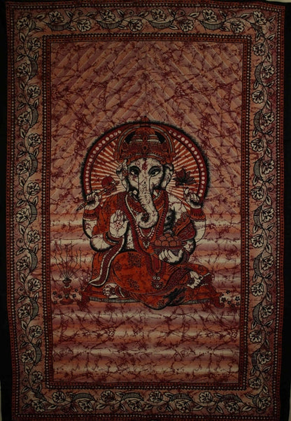 Red Ganesha Batik Tie Dye Tapestry Twin Size Wall Hanging