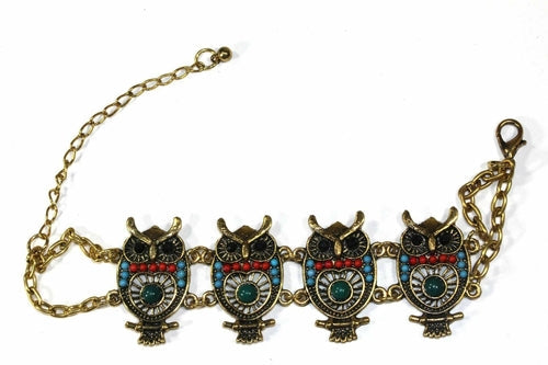 Handmade Gold Tone Owl Bracelet With Colorful Bead Drops
