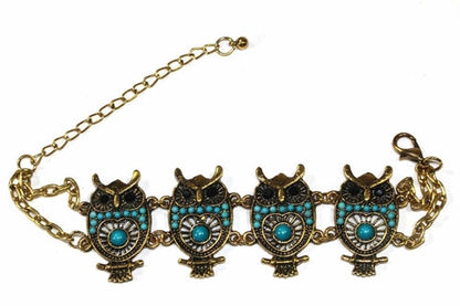 Handmade Gold Tone Owl Bracelet With Colorful Bead Drops
