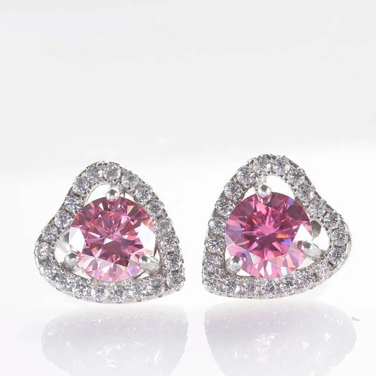 1 Ct 6.5mm Pink Moissanite Heart Stud Earrings 925 Sterling Silver