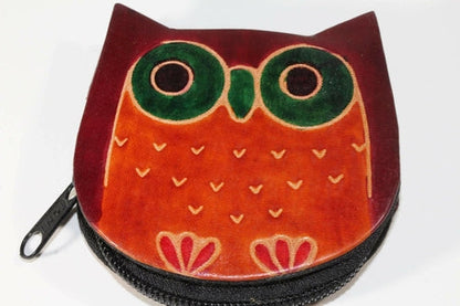 Leather Owl Coin Purse Handcrafted Embossed Compact Wallet