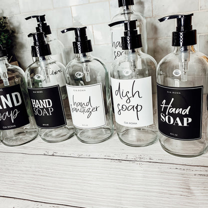 16oz Clear Glass Soap Bottle Refillable Boston Round With Black Label