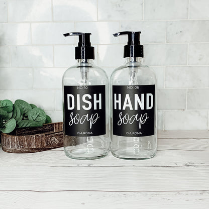 16oz Clear Glass Soap Bottle Refillable Boston Round With Black Label