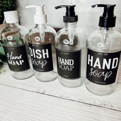 16oz Clear Glass Soap Bottle Refillable Boston Round With Black Label