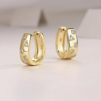18K Gold Plated 925 Silver Hoop Earrings With Star Triangle Moissanite Accents