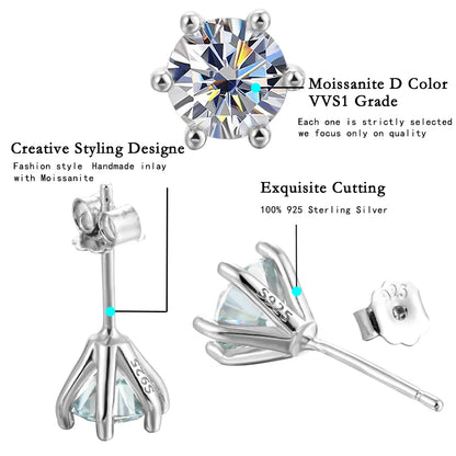 1ct Moissanite Stud Earrings For Women GRA Certified 18K White Gold Plated