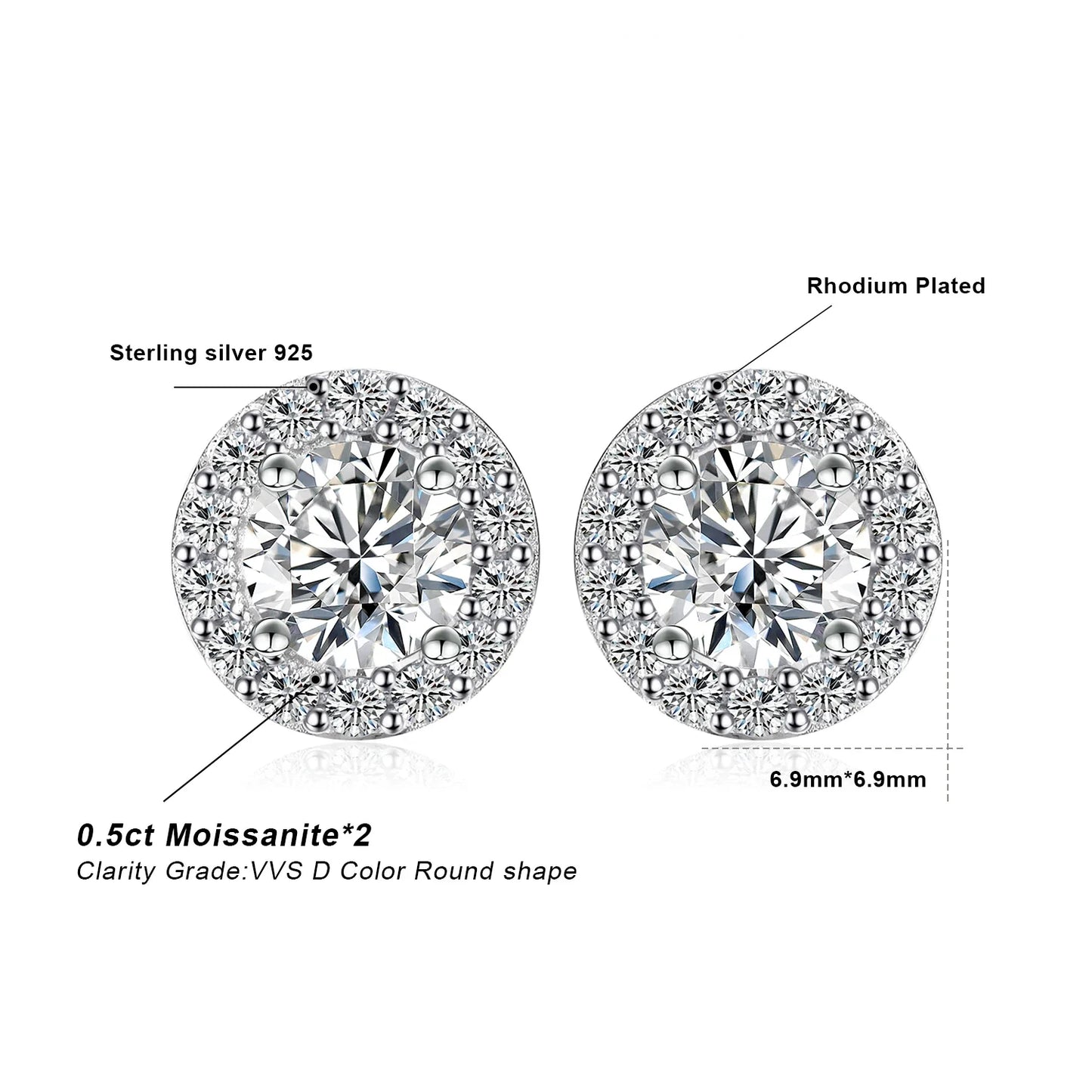 1ct Round D-Color Moissanite Halo Stud Earrings 925 Sterling Silver Plated