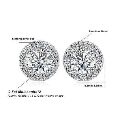1ct Round D-Color Moissanite Halo Stud Earrings 925 Sterling Silver Plated