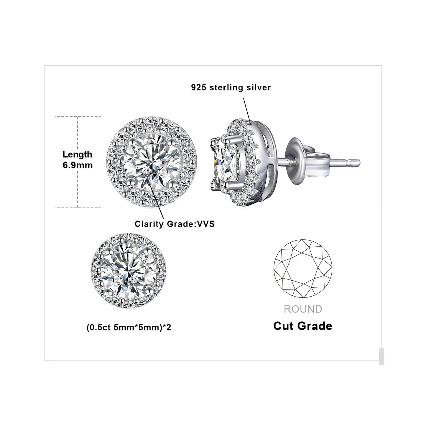 1ct Round D-Color Moissanite Halo Stud Earrings 925 Sterling Silver Plated