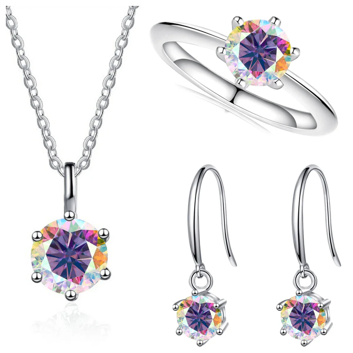 2.5ct Solitaire Moissanite 925 Sterling Silver Necklace Earrings Ring Set