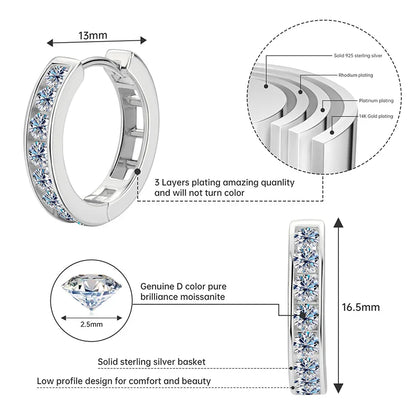 2.5mm Moissanite Hoop Huggie Earrings 925 Sterling Silver Unisex Certified Pair