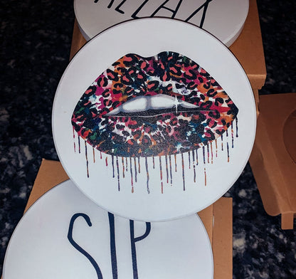 Tie Dye Leopard Lip Coaster Single Drink Coaster Animal Print Vibrant Tie Dye Table Accent