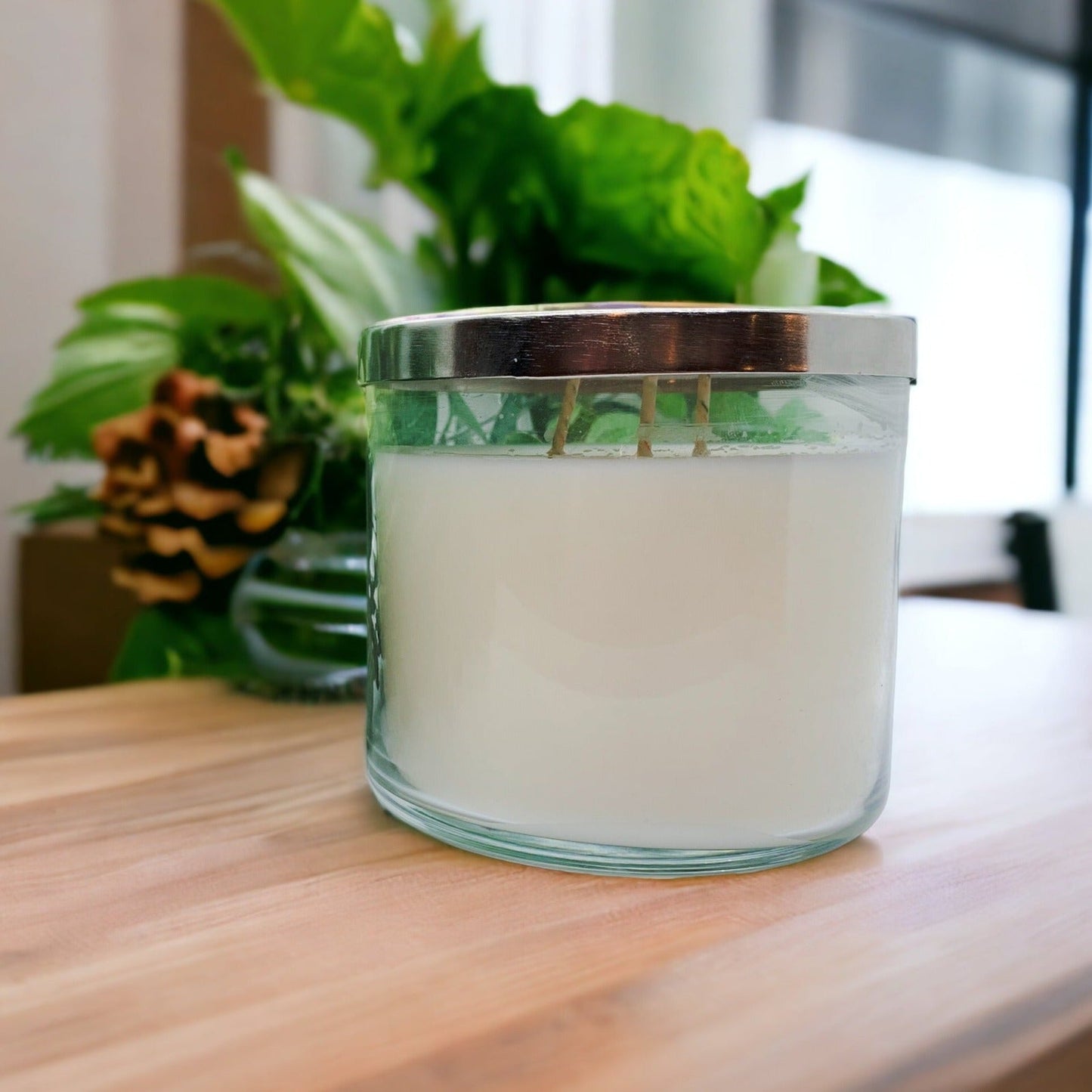 3-Wick Soy Candle 14.5oz Clear Glass Jar Silver Hammered Lid Hand-Poured USA