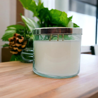3-Wick Soy Candle 14.5oz Clear Glass Jar Silver Hammered Lid Hand-Poured USA