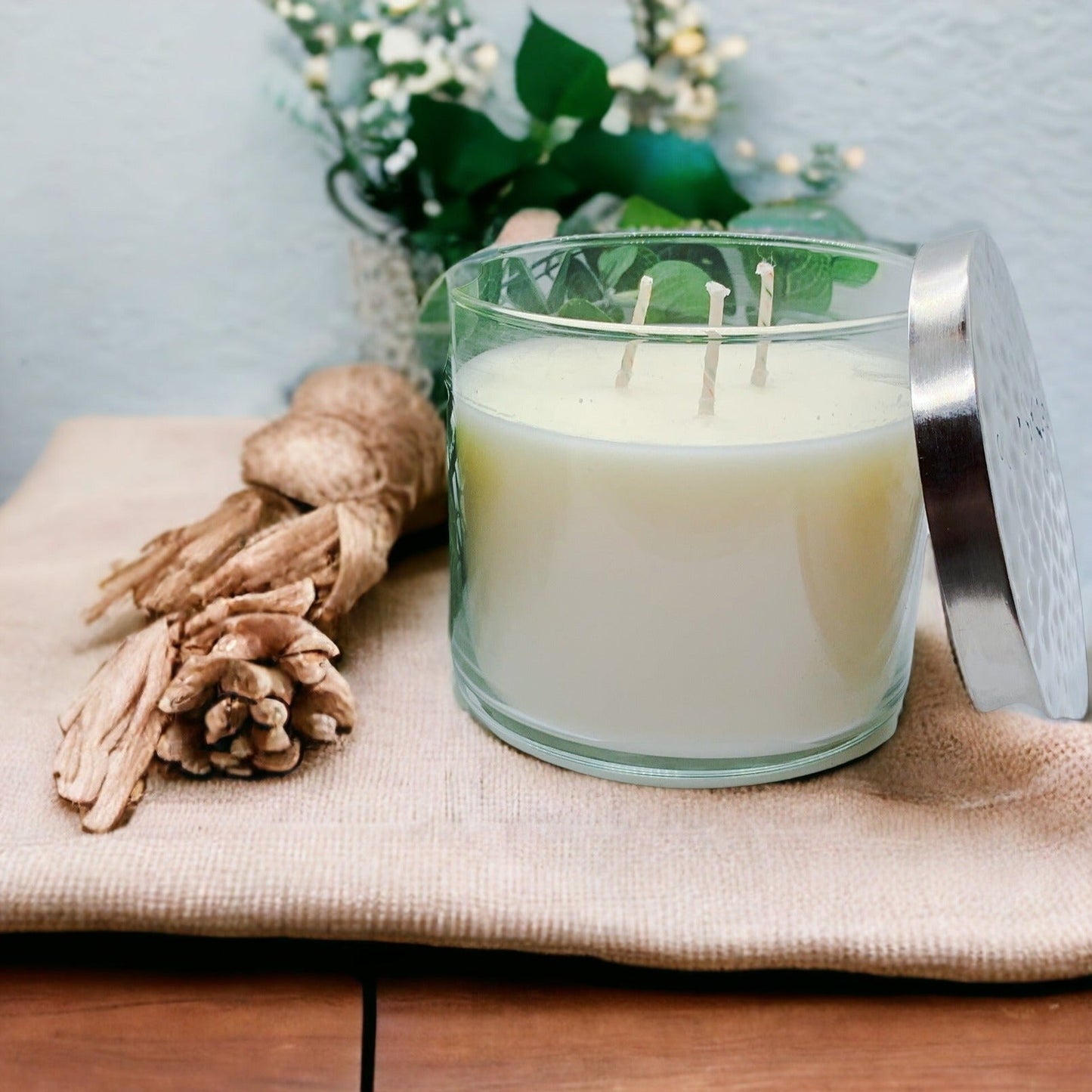 3-Wick Soy Candle 14.5oz Clear Glass Jar Silver Hammered Lid Hand-Poured USA