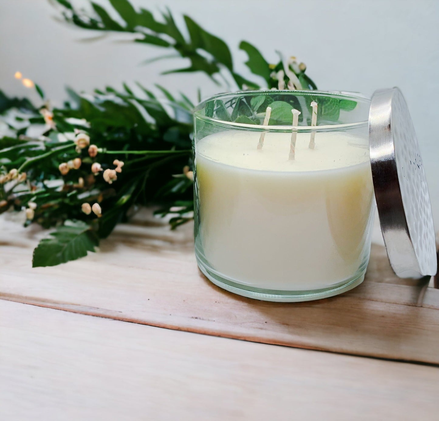 3-Wick Soy Candle 14.5oz Clear Glass Jar Silver Hammered Lid Hand-Poured USA