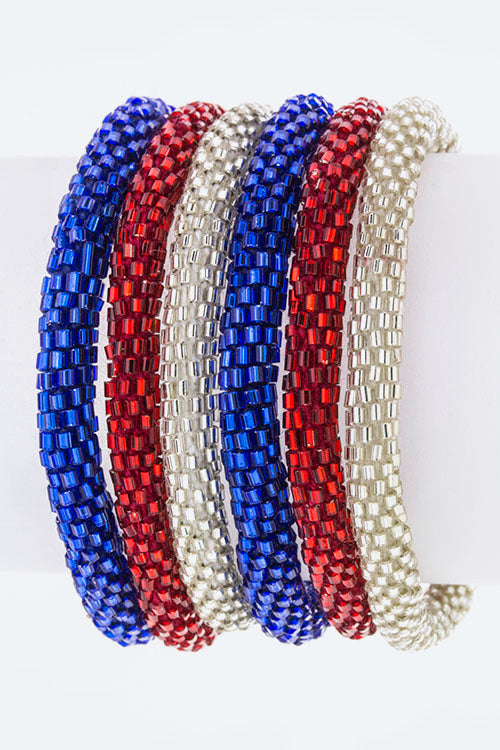 Red White Blue Nepal Roll Up Beaded Bracelet Patriotic