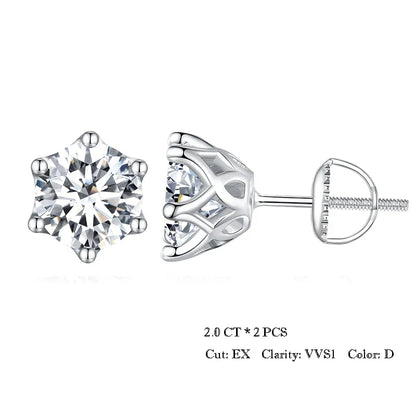 2Ct Moissanite Round Stud Earrings VVS1 D Color S925 Sterling Silver Screw Back