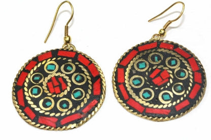 Handmade Mosaic Round Gold Tone Earrings With Color Inlay