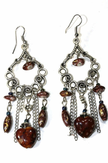 Marbled Bead Dangle Earrings Scroll Work Boho Floral