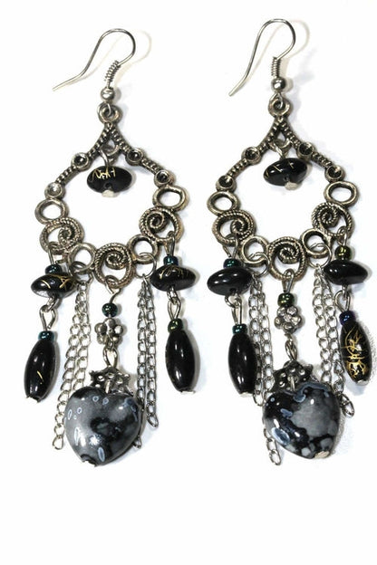 Marbled Bead Dangle Earrings Scroll Work Boho Floral
