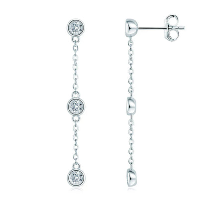 3mm VVS1 Moissanite Long Drop Tassel Earrings 925 Silver Bezel Set Dangle