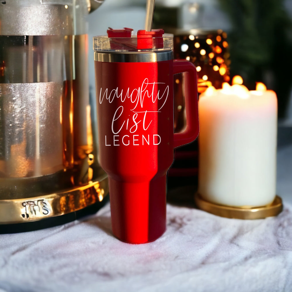 40oz Insulated Christmas Tumbler Red Mug With Handle Lid Straw Naughty Legend