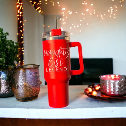40oz Insulated Christmas Tumbler Red Mug With Handle Lid Straw Naughty Legend
